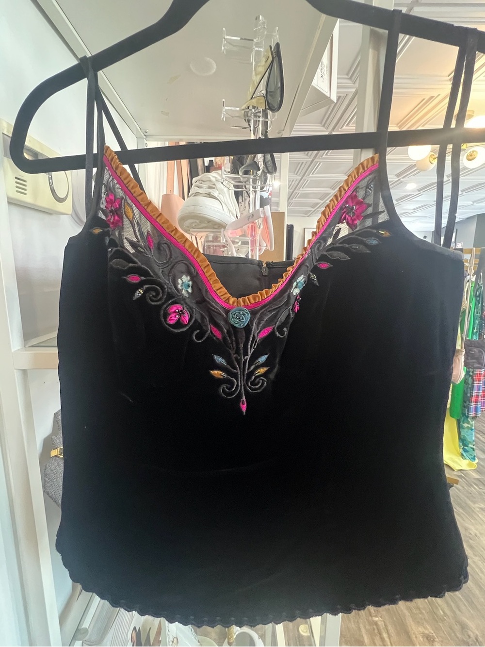 Vintage Embroidered Black Velvet Cami Top with Pink Accents